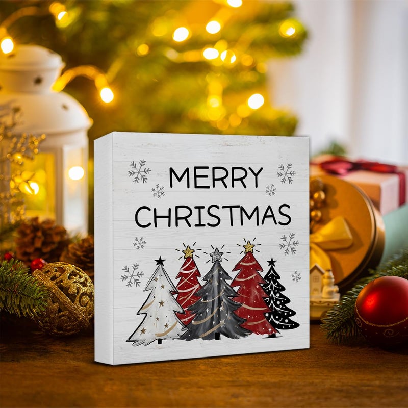 Zauly Farmhouse Christmas Decorations, Merry Christmas Decor Sign, Christmas Trees Snowflake Wood Sign Rustic Home Table Desk Decor (5 x 5 Inches) - Image 5